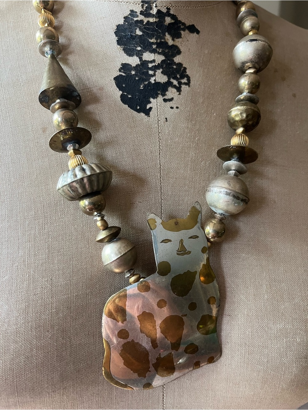 Katrina original one of a kind necklace with old cat pendant & metals 24”